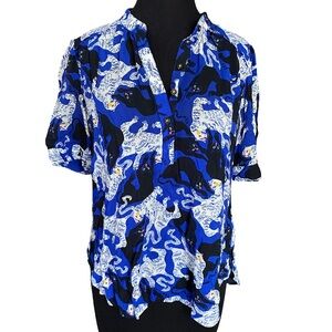 Anthropologie Emily Isabella blue panther print short sleeve blouse size XS